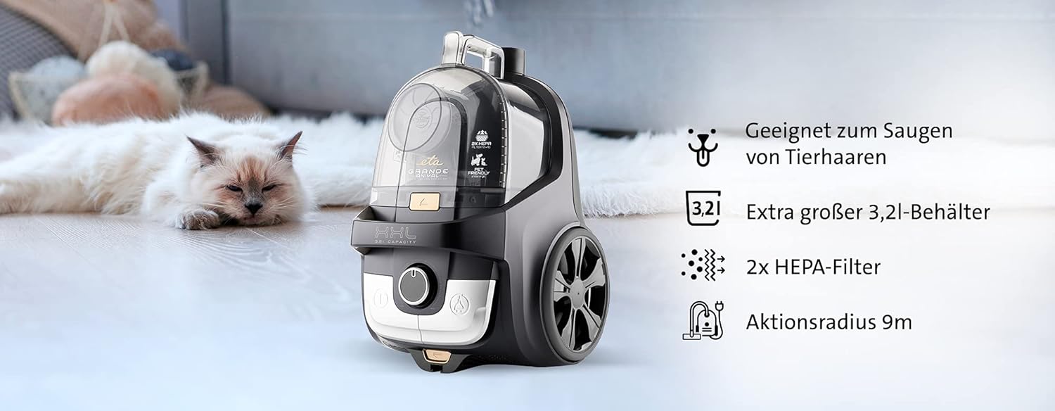 ETA Beutelloser Staubsauger Grande Animal I 850W I 2X HEPA-Filter I 3.2l Volumen I Einzigartiger DermoPet-Aufsatz für Tierfelle und Tierhaare I Bodenstaubsauger