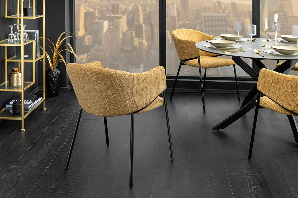 Design Stuhl NOBLESSE senfgelb Chenille schwarzes Metallgestell