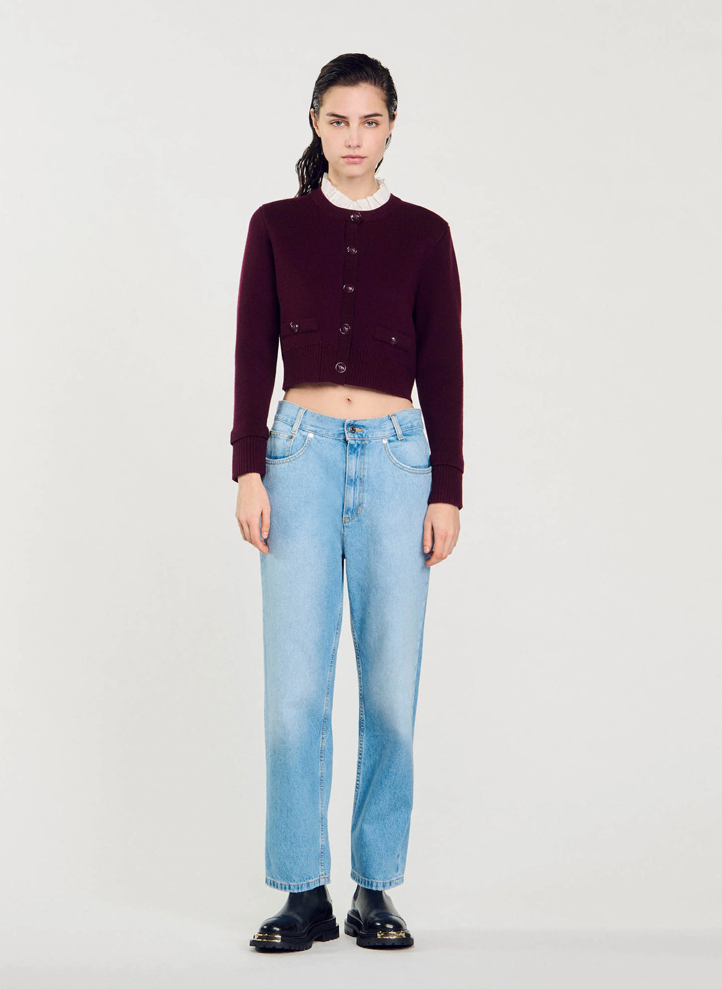Cardigan droit col rond amovible en maille | Rouge