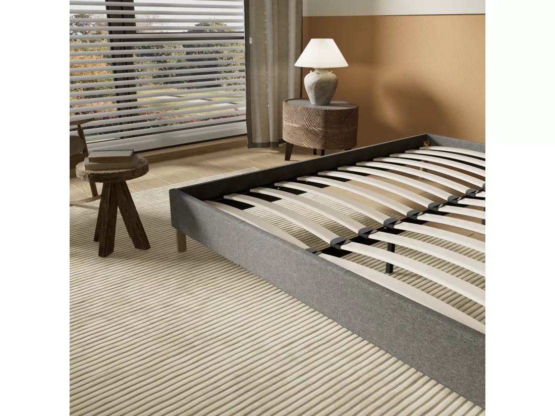 Sommier 140x190 cm, Revêtement en tissu Gris, Pieds en bois