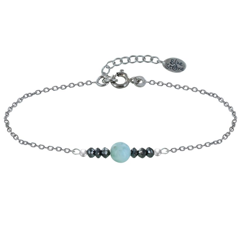 Bracelet Chaine Argent Rhodié Une Perle de Larimar et Six Diamants Noirs Facettées