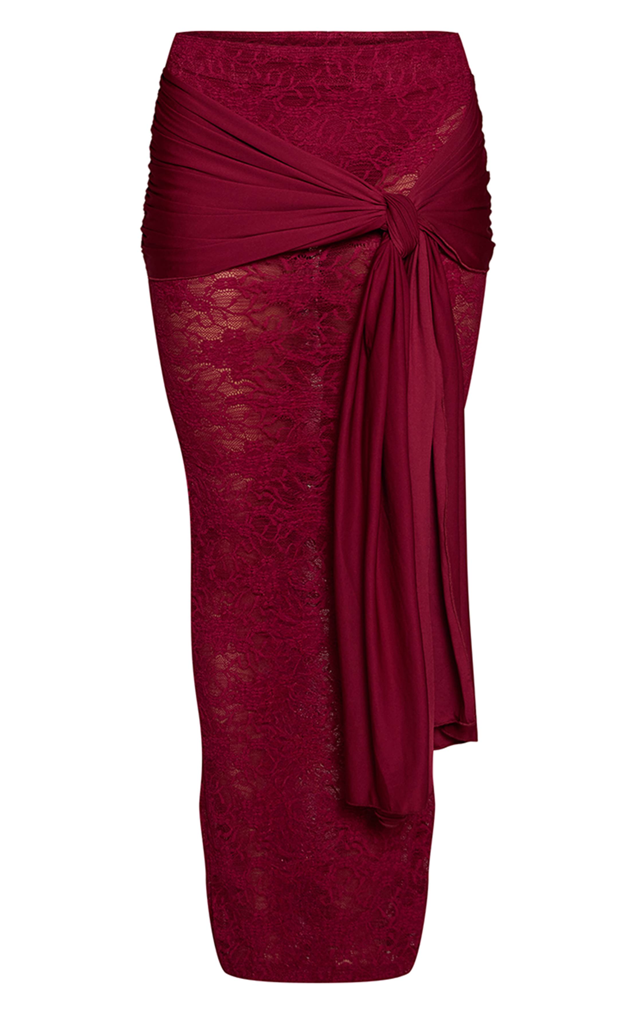 Rouge Vin Jupe Longue Drapée En Dentelle Slinky