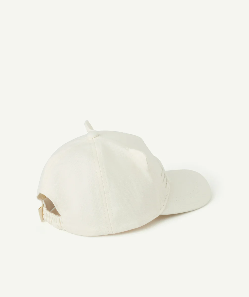 casquette bébé fille en coton écru avec oreilles et motif chat