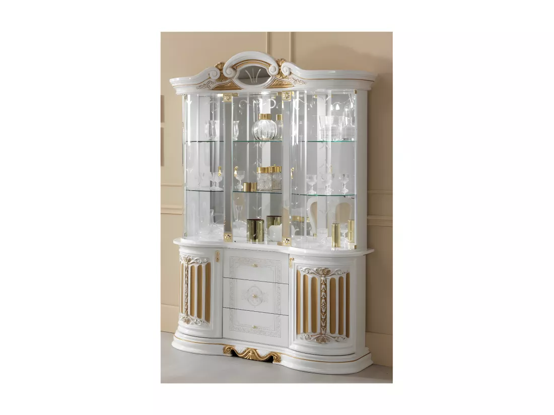 Vitrine 5 portes battantes 3 tiroirs Blanc/Or à led - ADELE - L 139 x l 50 x H 213 cm
