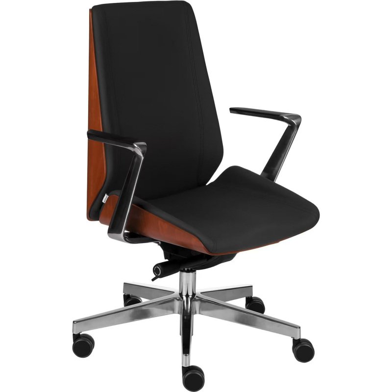 Chaise de bureau ergonomique MOON WOOD simili cuir, placage bois noyer clair, mécanisme synchrone, accoudoirs fixes, pieds en aluminium