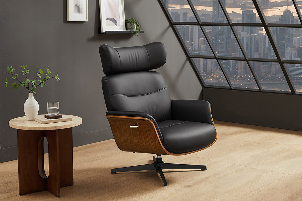 Drehbarer Sessel VOGUE COMFORT schwarz Kunstleder braun Walnuss-Design mit Armlehne