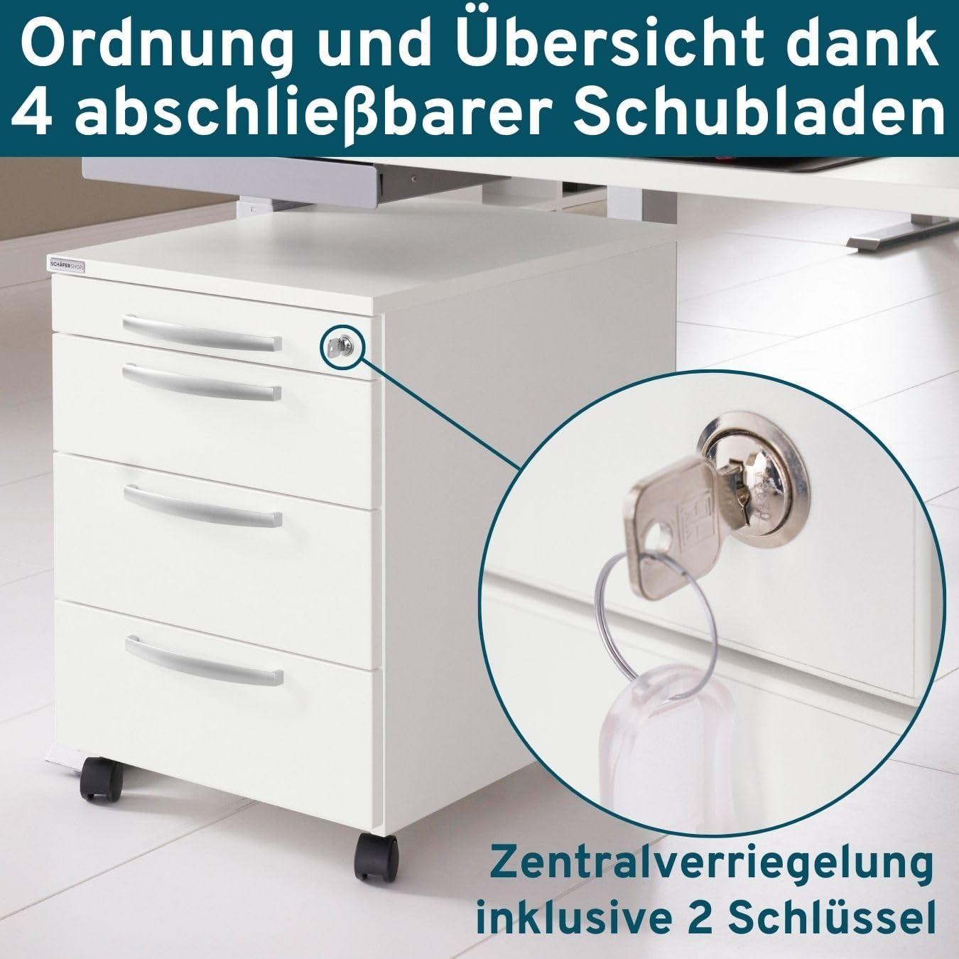 Rollcontainer mit Schubladen abschließbar, Büroschrank mit Rollen, Schreibtisch Schrank, Schubladenschrank 60 cm hoch, Rollcontainer weiß, Schubladenelement, Schreibtisch Container metall