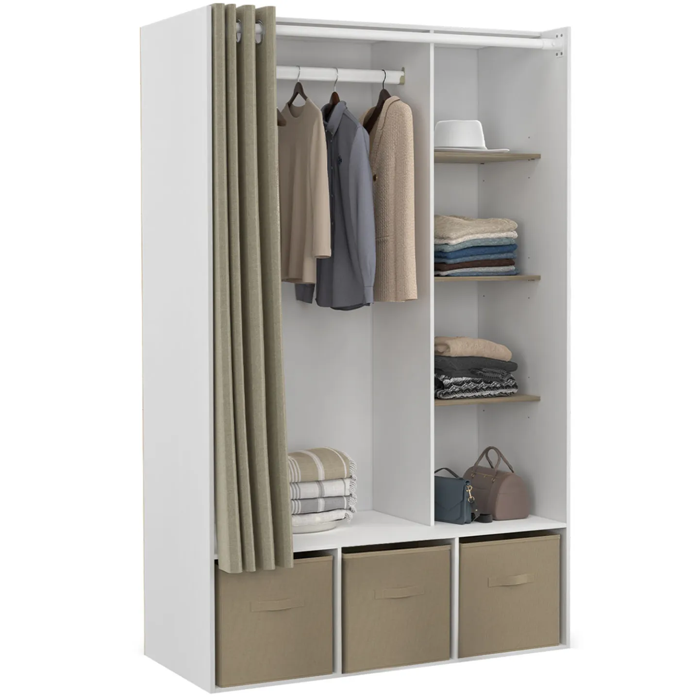 Dressing penderie DIANE 105 x 50 x 172 cm blanc avec étagères + boites de rangement + rideau taupe