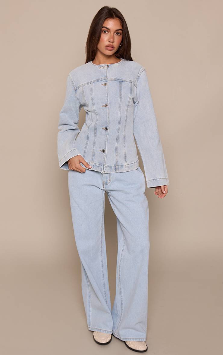 Bleu Clair Veste En Jean Cintrée À Manches Longues Avec Surpiqûres Contrastées