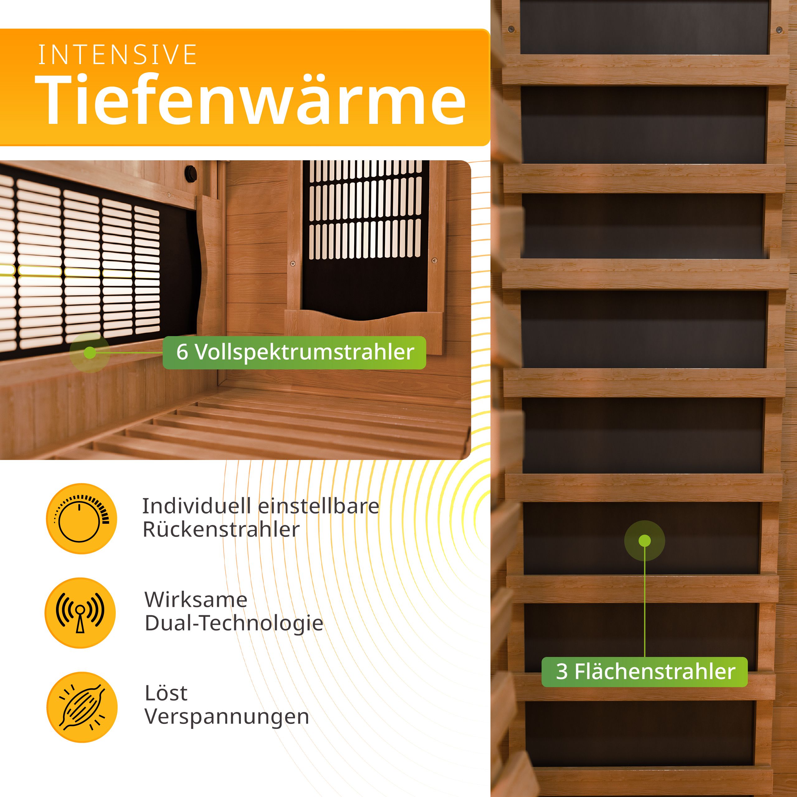 Artsauna Infrarotkabine Kiruna160 Dual Technologie – 6 Vollspektrumstrahler & 3 Flächenstrahler