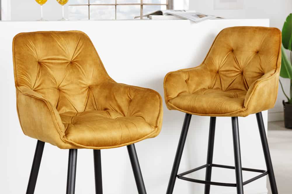 Design Barhocker MILANO senfgelb Samt Barstuhl mit Lehne Metall schwarz