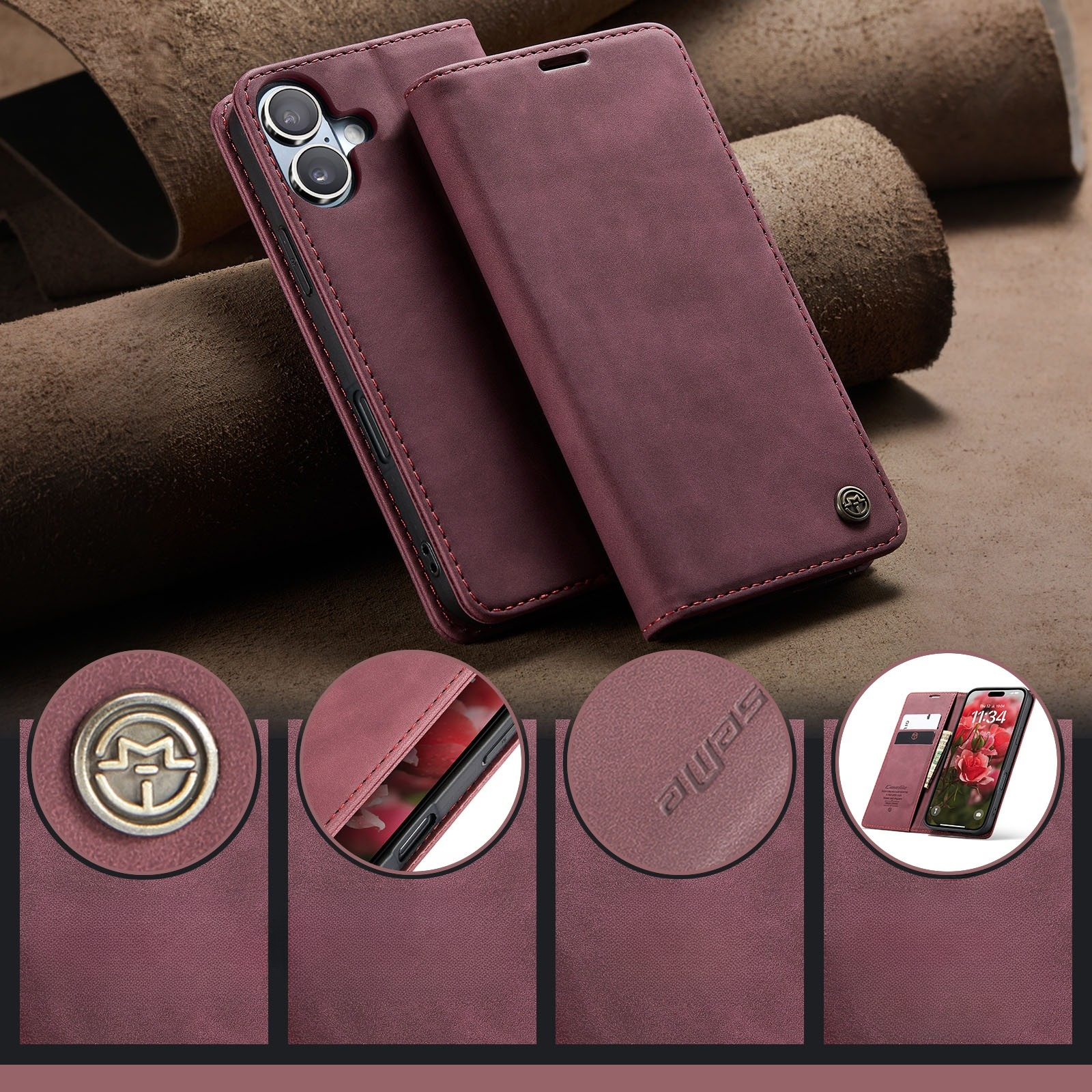 iPhone 17 Leder Tasche Flip Wallet Etui mit Kartenfächern - Rot