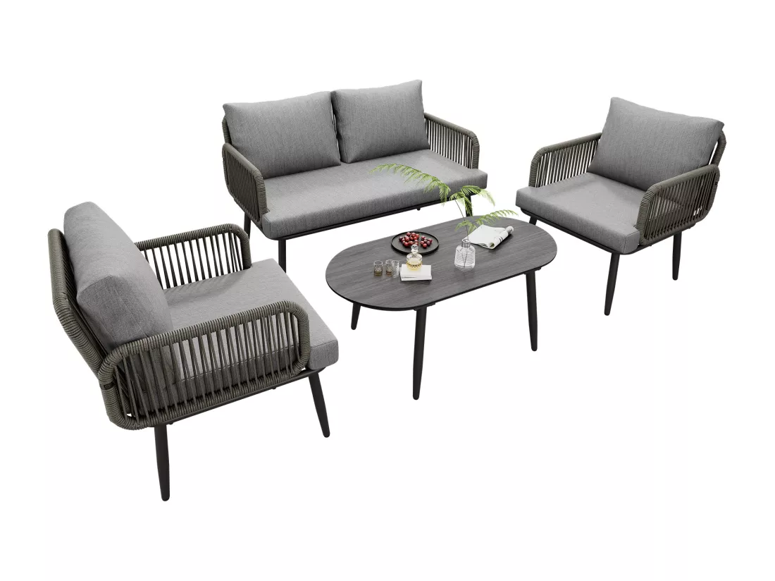 Salon de jardin 4 places - Ensemble de meubles de jardin, canapé + tables basse + 2 fauteuils, tissage en corde épaisse, gris