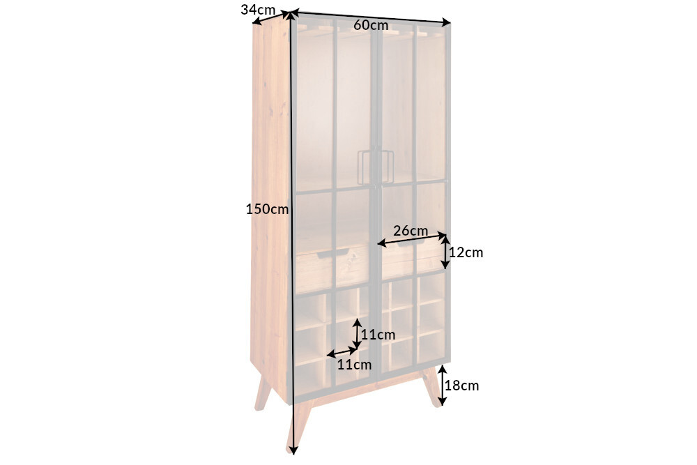 Massive Vitrine SEVEN SEAS 150cm natur Pinie Industrial-Türen Metall Barschrank