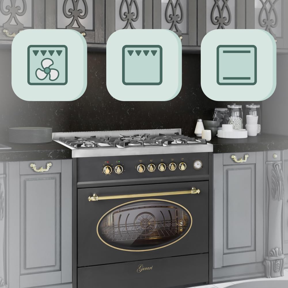 Gas Standherd GCH E 914 BL Retro Gasherd mit Elektrobackofen 90 cm Nostalgie Range Coocker 121L | Heißluft | Grill | 5 Hochwertige Brenner | 4 kw WOK | Erdgas/Propangas | Inkl. WOK Adapter