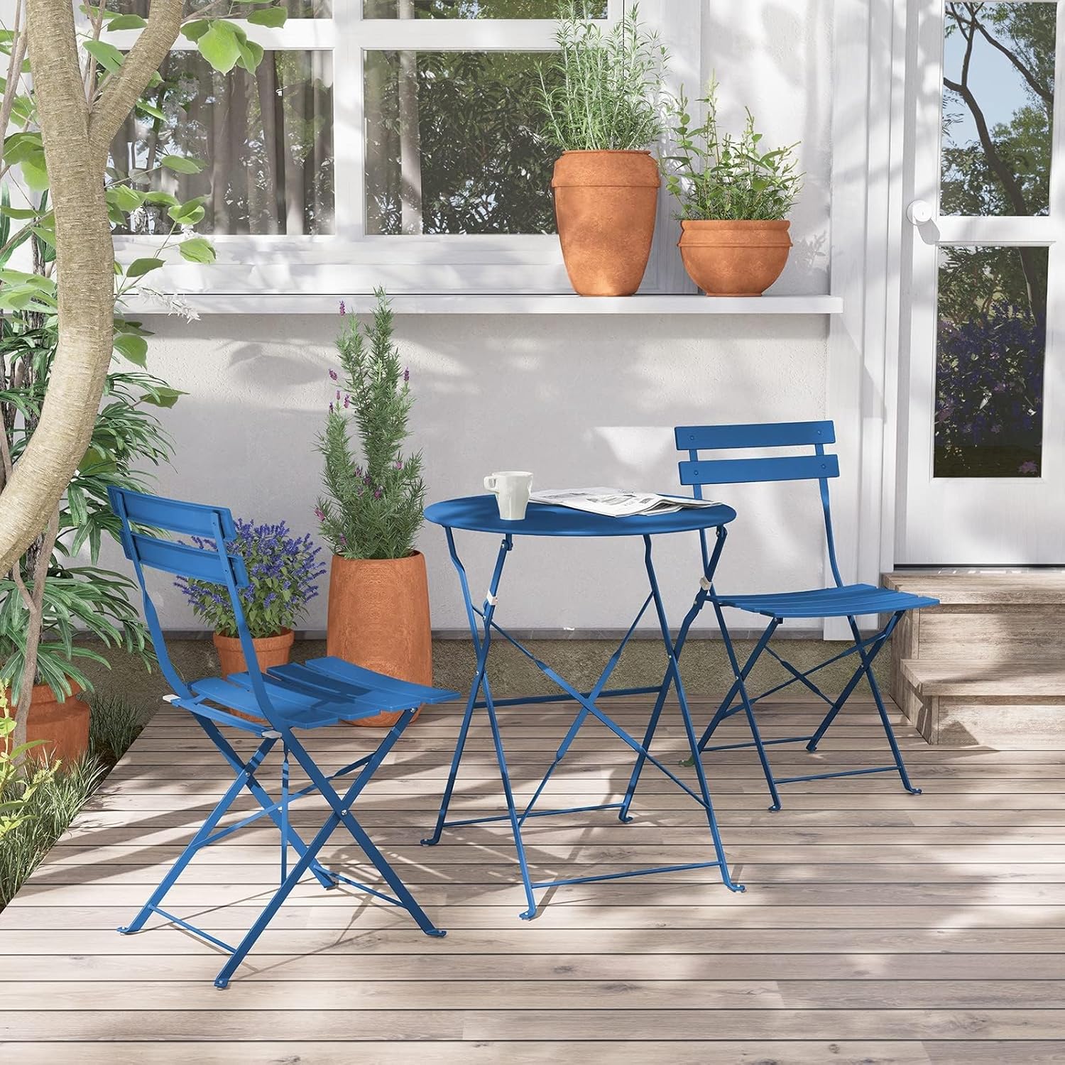 Grand patio Bistro Set 3 Stück, Gartenmöbel Set, Sitzgruppe 2 Stühle und 1 Tisch, Premium Stahl, Klappbar, Balkonset für Hof, Garten, draussen (Pfauenblau#1)