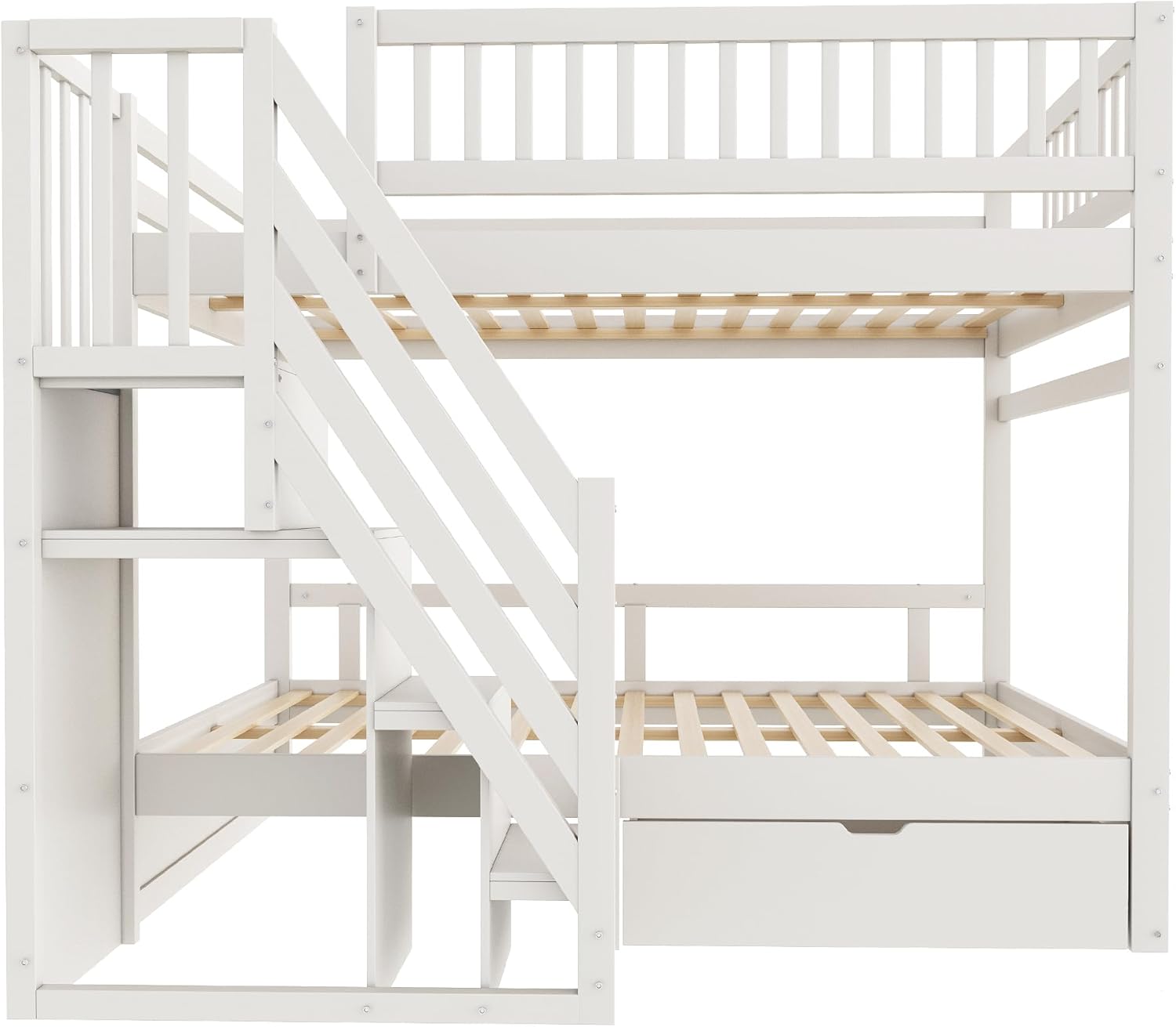 Kinderbett Etagenbett 140x200, Hochbett für 4 Kinder, Stockbett mit Treppe&Aufbewahrungsschrank&Schublade, Holzbett Jugenbett Funktionsbett mit Lattenrost&Rausfallschutz,Kiefernholz,Ohne Matratze,Weiß