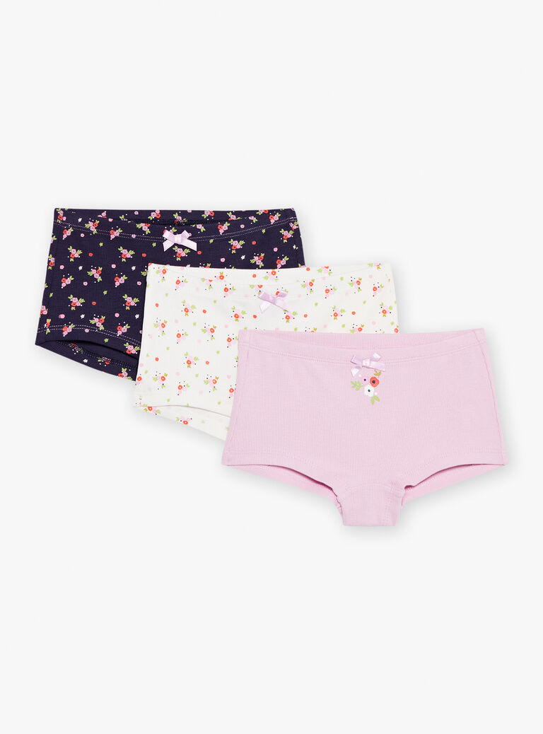 3 shortys bleu, mauve et écru à imprimé et motifs fleuris