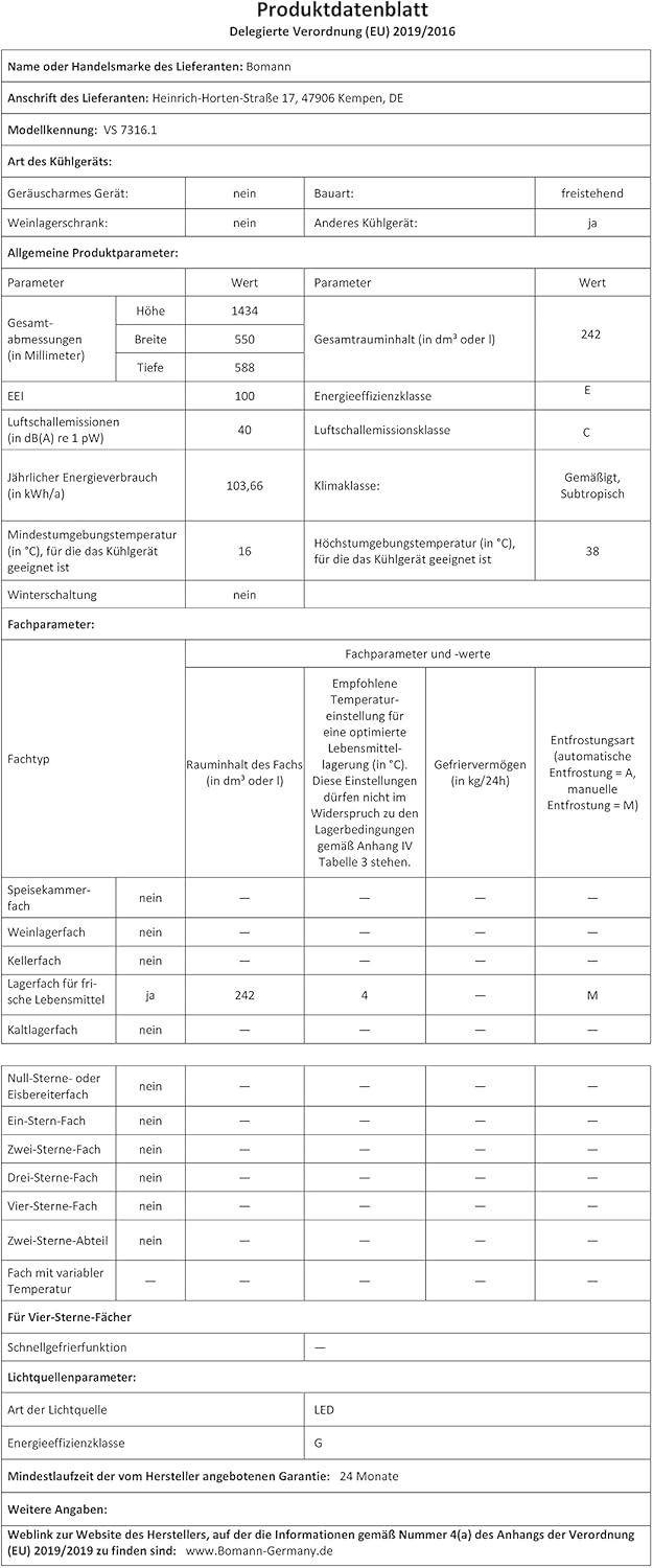 Bomann Réfrigérateur 242L blanc VS7316-1-blanc, Capacité nette : 242 litres, Éclairage intérieur à DEL, Contrôle de la température en continu, 5 clayettes en verre