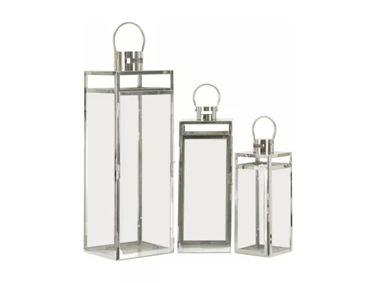Set de 3 lanternes argentées en métal et verre - 22x22,5x70,5 cm, 18x18,5x50 cm, 14x14,5x38 cm - pour illuminer votre espace avec une lumière magique.