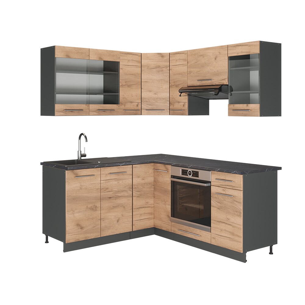 Vicco Eckküche Küchenzeile Einbauküche Fame-Line Anthrazit Eiche 190 cm modern Schubunterschrank Spülenunterschrank Eckunterschrank Herdumbauschrank Hängeglasschrank Hängeschrank