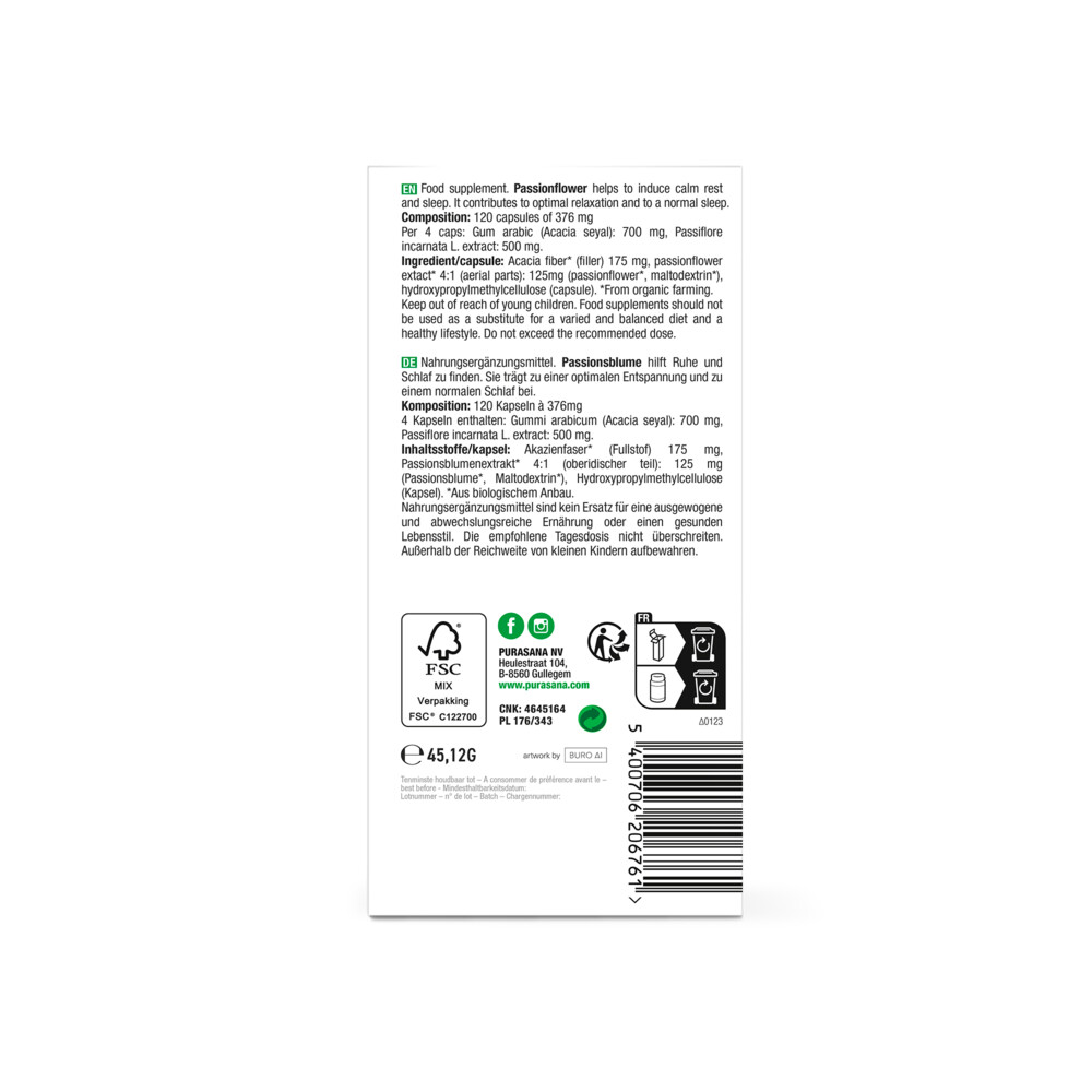 Purasana Passiebloem Extract 125 mg120 Vegacapsules
