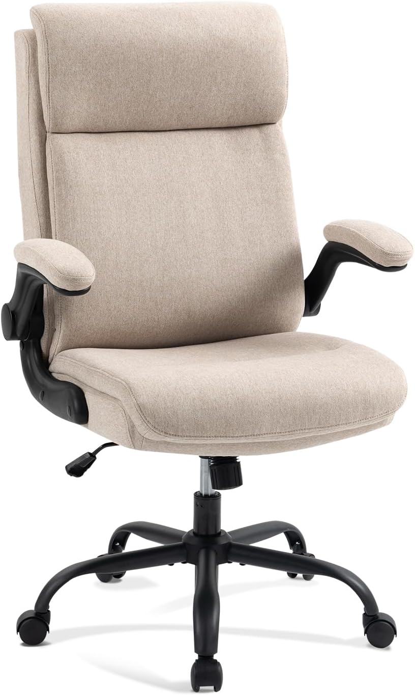 CASTLOVE Ergonomischer Bürostuhl - Schreibtischstuhl mit Rückenlehne - Hochklappbare Armlehne - Hohe Rückenlehne - Höhenverstellbar - Wippfunktion (Bürostuhl Stoff Beige Max. 150 kg)