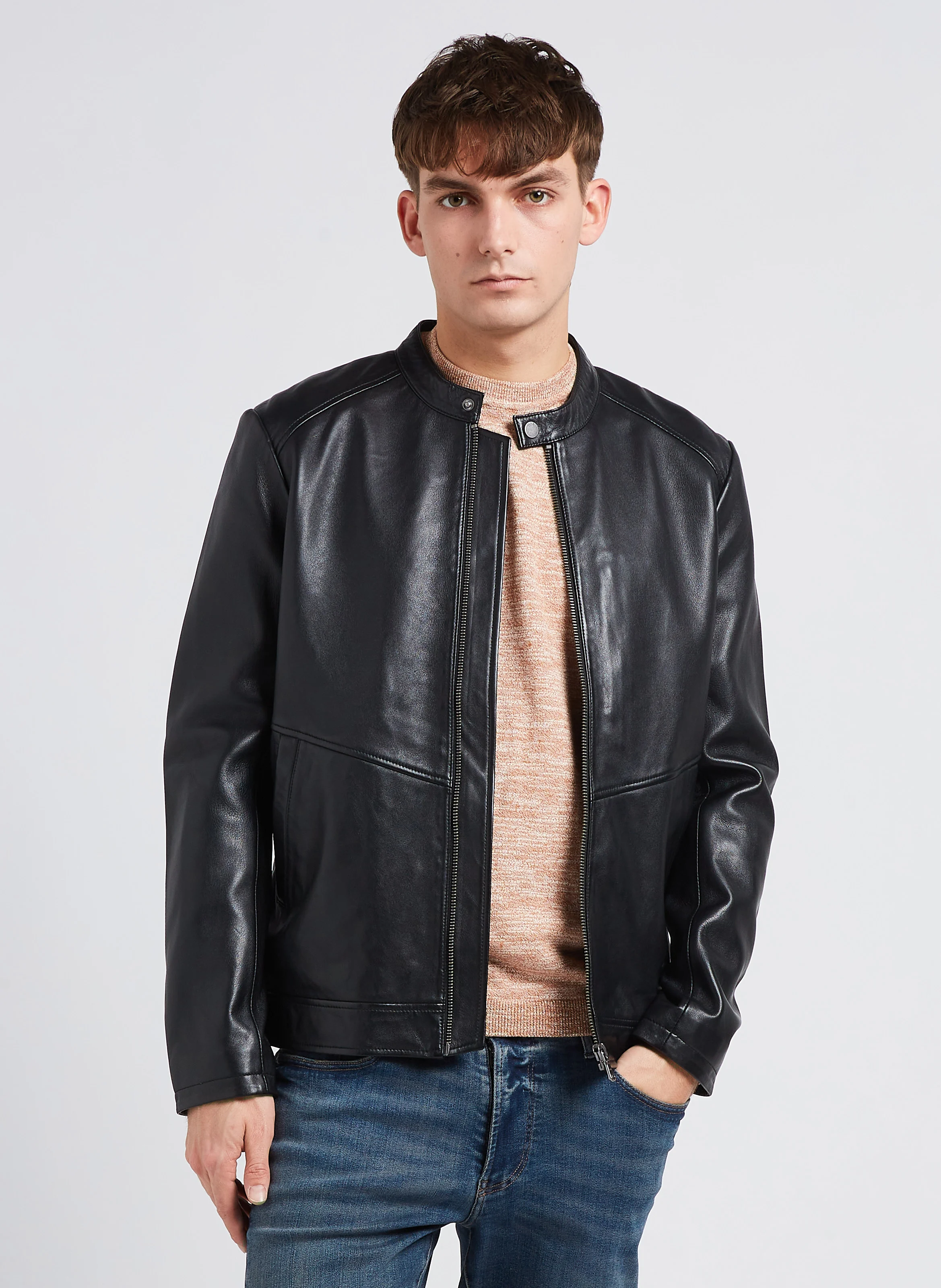 Blouson col officier en cuir | Noir