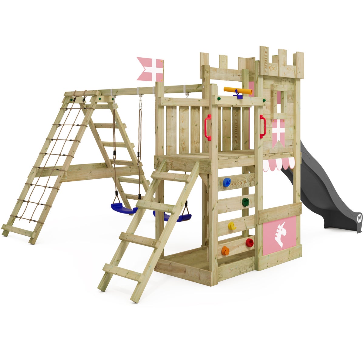 WICKEY DragonFlyer Castle Speeltoren met Schommel en Glijbaan, Speelhuis met Zandbak, Klimladder en Speelaccessoires – Antraciet