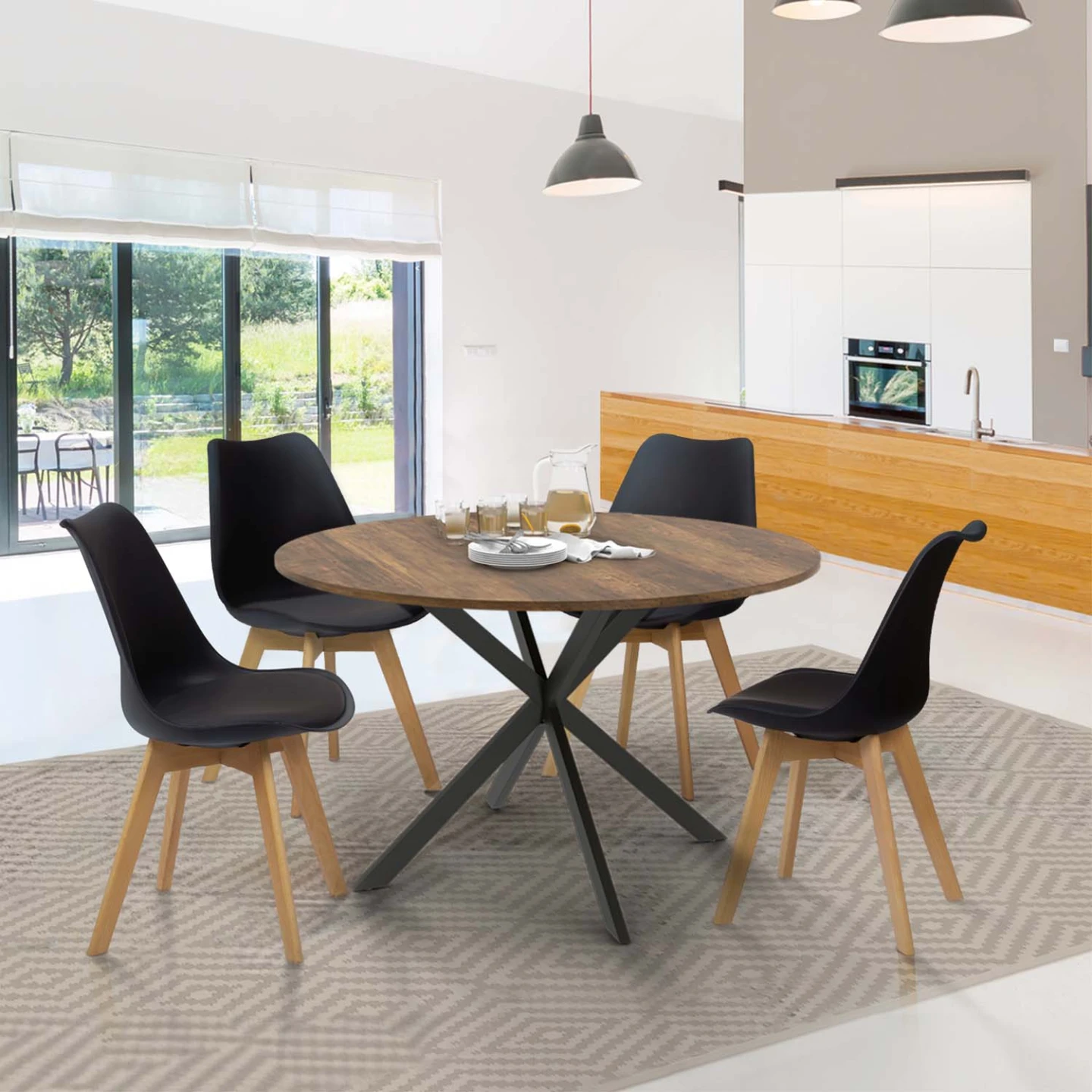 Table à manger ronde ALIX plateau HAWKINS 6 personnes pied araignée bois foncé et noir 110 cm