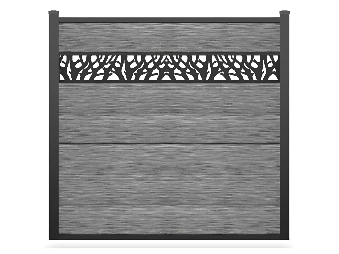 Panneaux de clôture à enterrer H.181 cm - kit 7 lames composite avec décor + 2 poteaux gris clair - ENOLA