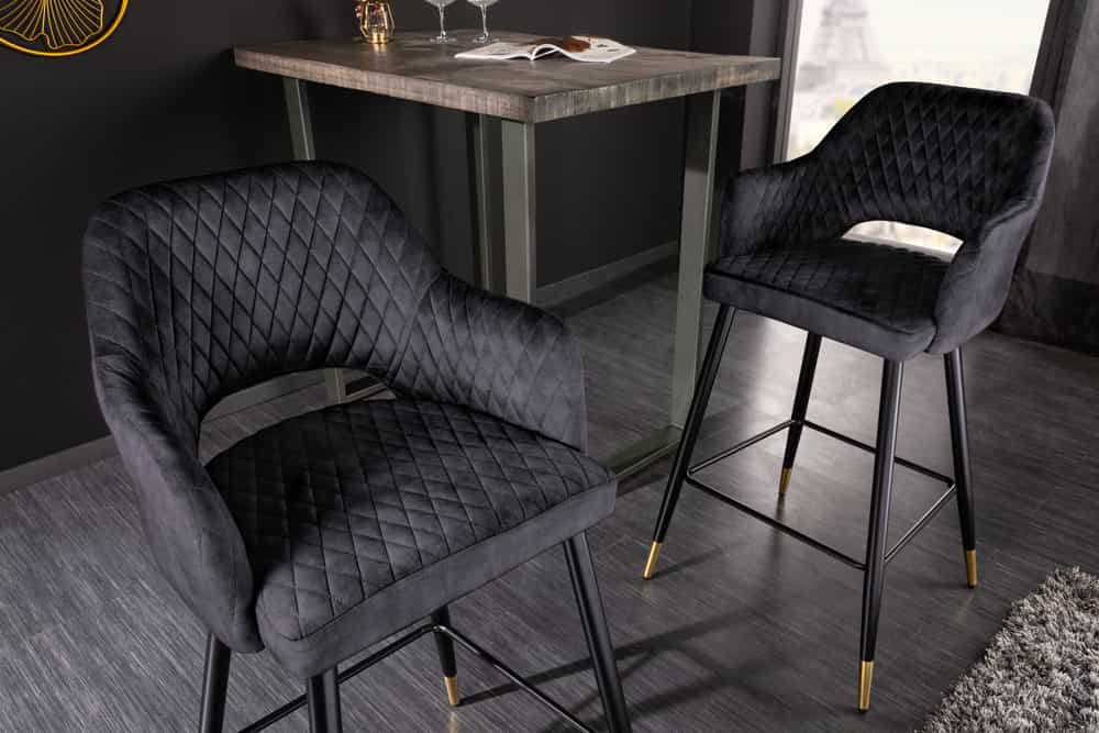 Design Barhocker PARIS grau Samt mit Lehne Metall schwarz gold Ziersteppung