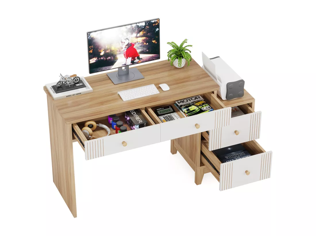 Bureau d'ordinateur avec 4 tiroirs, bureau à domicile avec rangement, bureau de direction moderne en bois, bureau d'étude