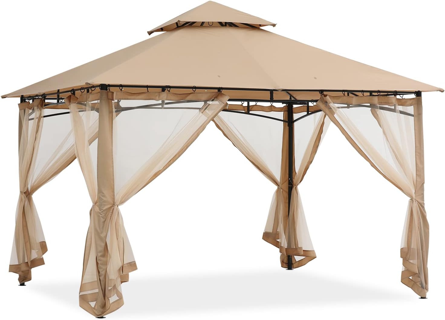 ABCCANOPY 3.35x3.35m Gartenpavillon für Terrasse Doppeldachweichdach Garten Hinterhof-Pavillon mit Netz für Schatten und Regen,Beige