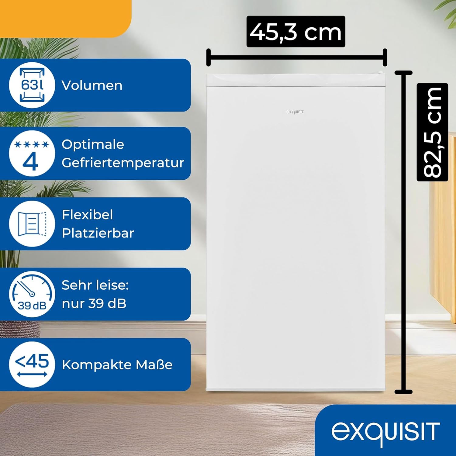 Exquisit Gefrierschrank | 63 l Nutzinhalt, Energieeffizienzklasse E, 39 dB(A) | kompakte Bauform, 4-Sterne-Gefrieren, manuelle Temperaturregelung, wechselbarer Türanschlag | GS5111-330E weiss