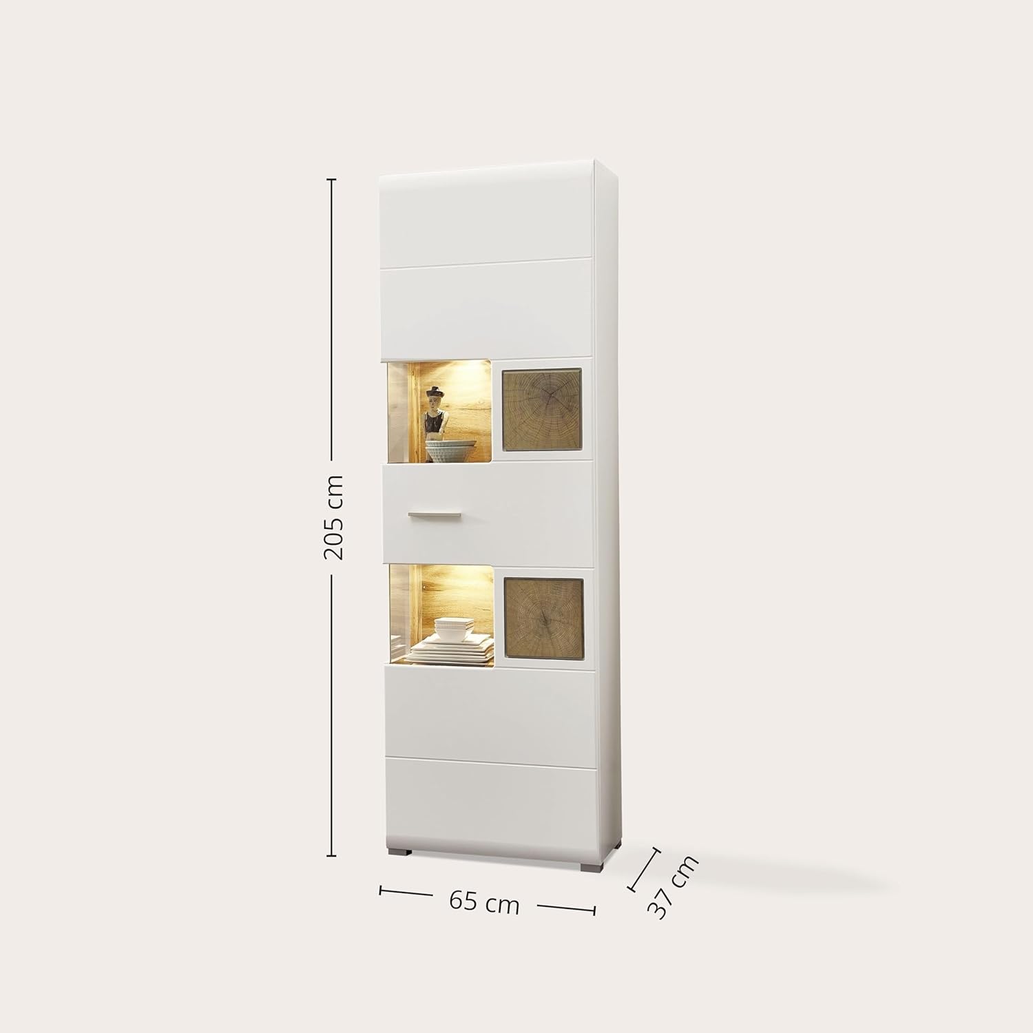 Stella Trading Fun Plus Große Vitrine weiss mit schönen Hirnholz-Applikationen - Moderne Glasvitrine inkl. LED Beleuchtung - 65 x 205 x 37 cm (B/H/T)