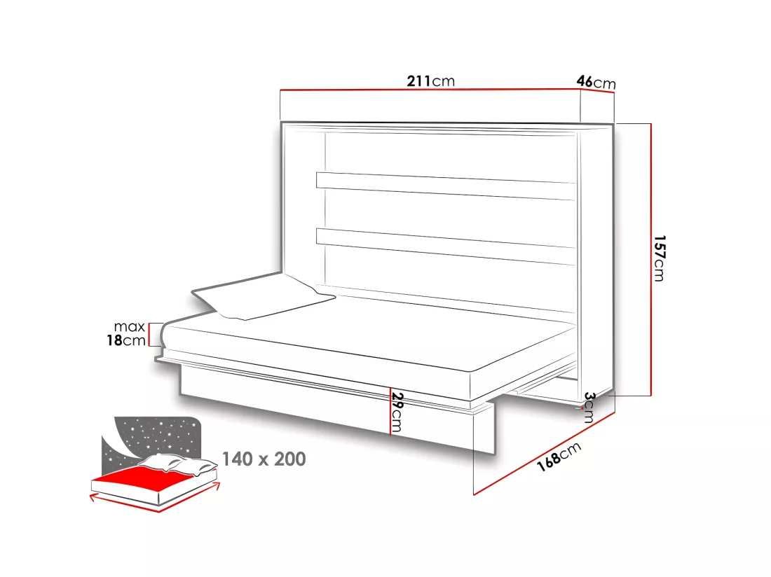 Lenart Lit escamotable MATELAS inclus Horizontal 140x200cm Chêne artisan Lit Rabattable