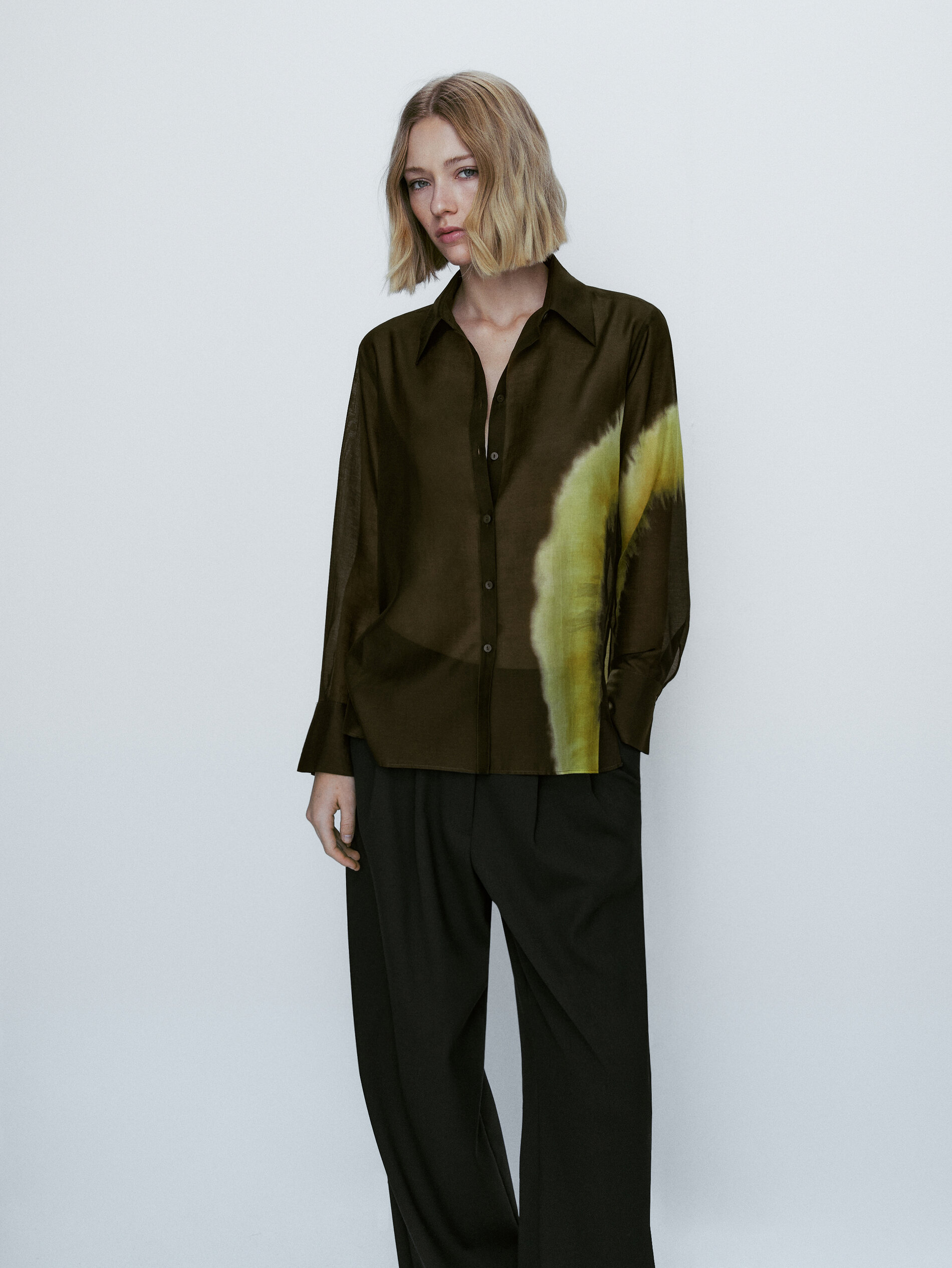 Camisa estampada em mistura de algodão e seda - VERDE