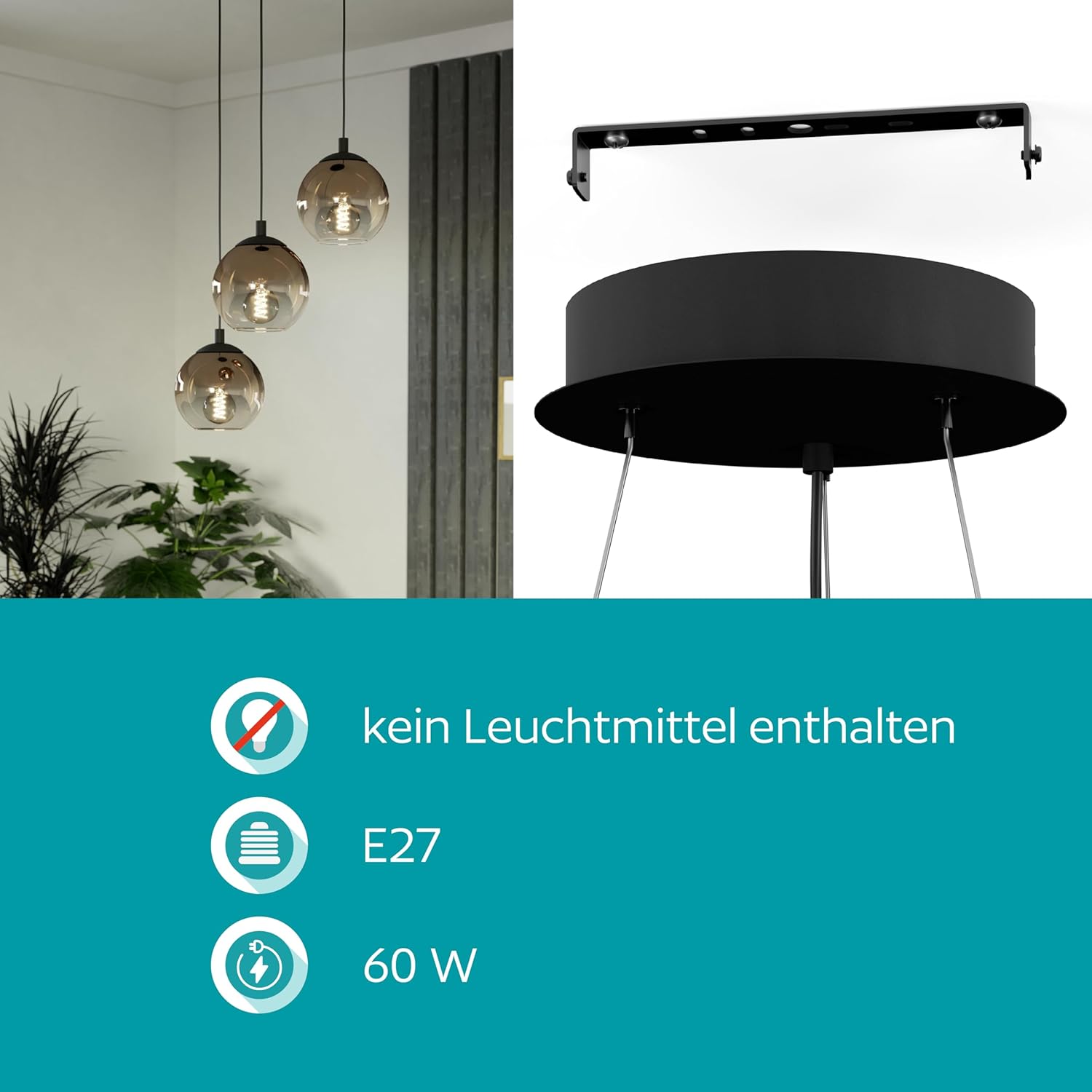 EGLO Cluster Hängelampe Ariscani 1, 3-flammige Pendelleuchte Esstisch, Hängeleuchte Treppenhaus aus Metall in schwarz und Glas in Kupfer, Esszimmerlampe hängend, E27 Fassung, Ø 42,5 cm