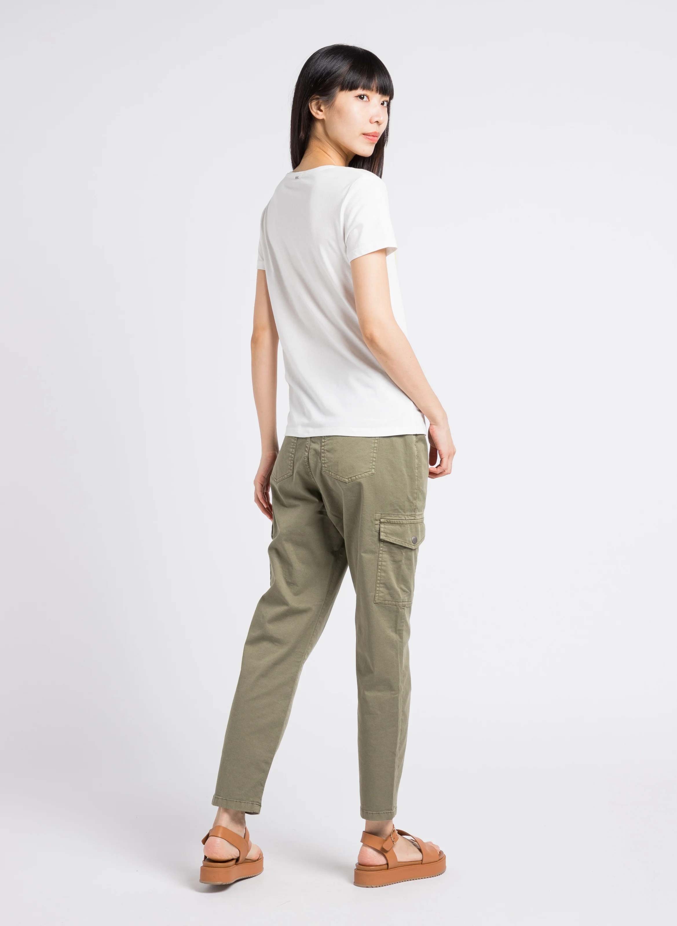 Jean cargo cropped en coton mélangé | Kaki