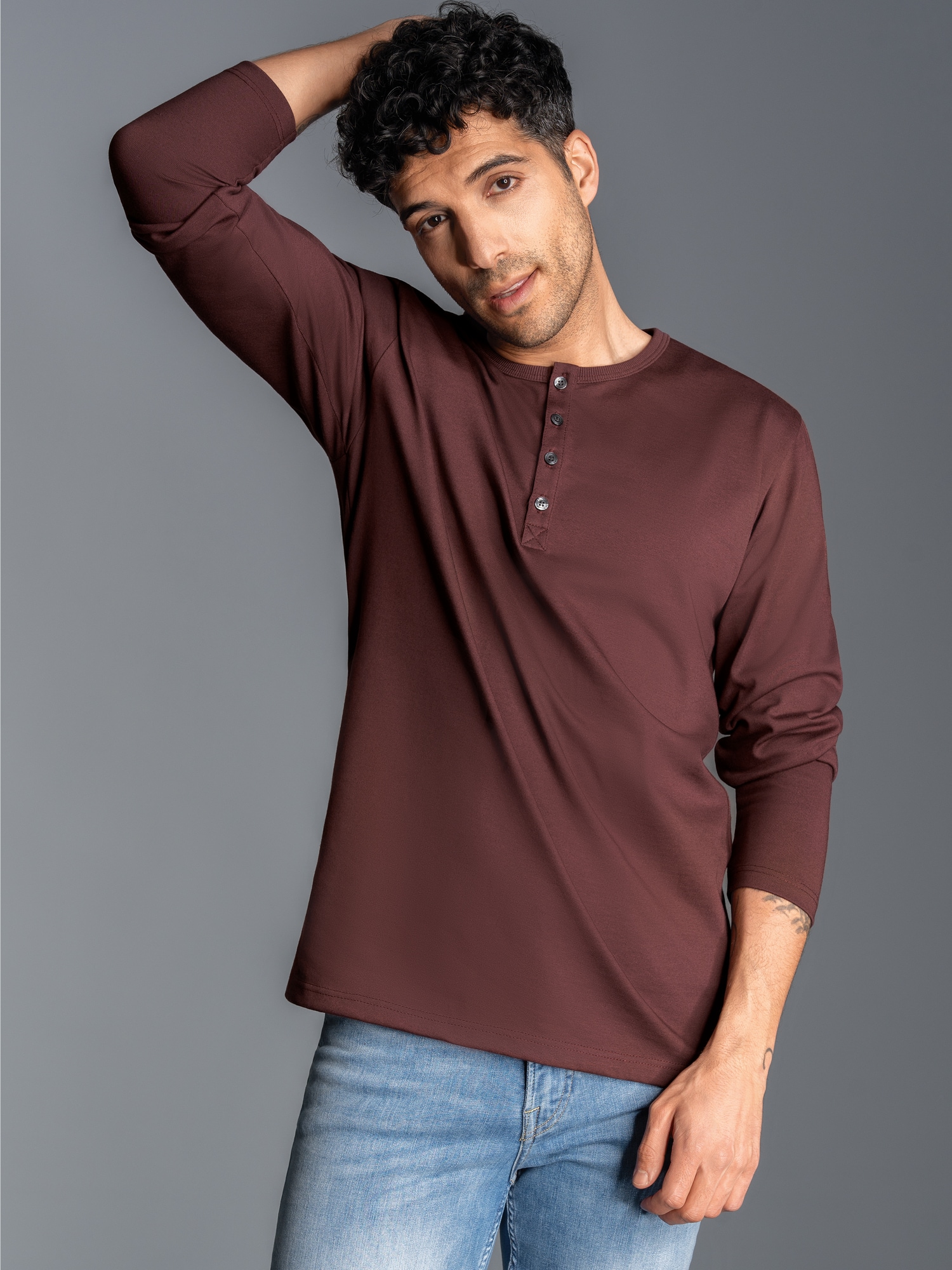 Langarmshirt mit Knopfleiste Kastanie