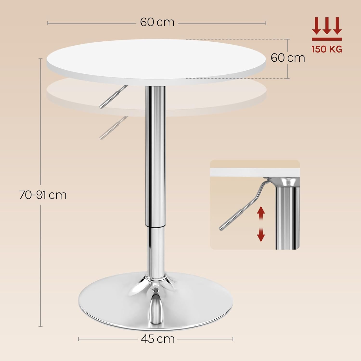 WOLTU Bartisch Stehtisch, höhenverstellbarer Tisch 70-91 cm, multifunktionaler Partytisch in Wohnzimmer Küche Balkon, Bistrotisch aus MDF Metall, Weiß, 60x60x91cm