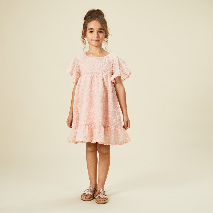 Robe manches courtes en crêpe et tulle avec motif floral en cording pour fille - Rose