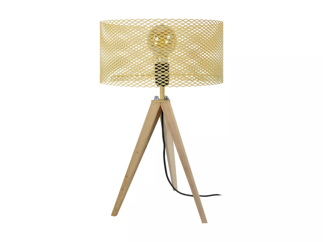 Lampe de chevet trépied bois jaune 54 cm.