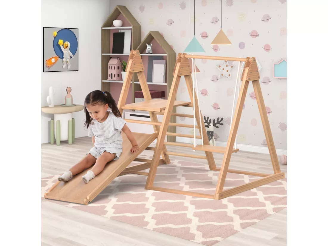 Aire de jeux en bois 3 en 1 pour enfants - Avec toboggan, balançoire, échelle - En pin massif