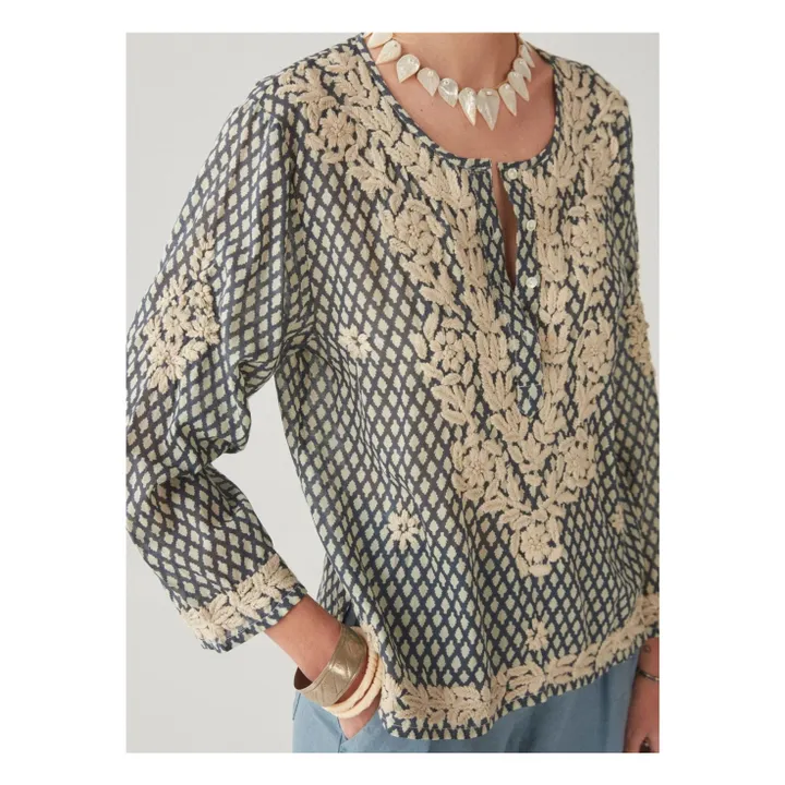 Maison Hotel Blouse Brodée Rita | Bleu marine - Ecru