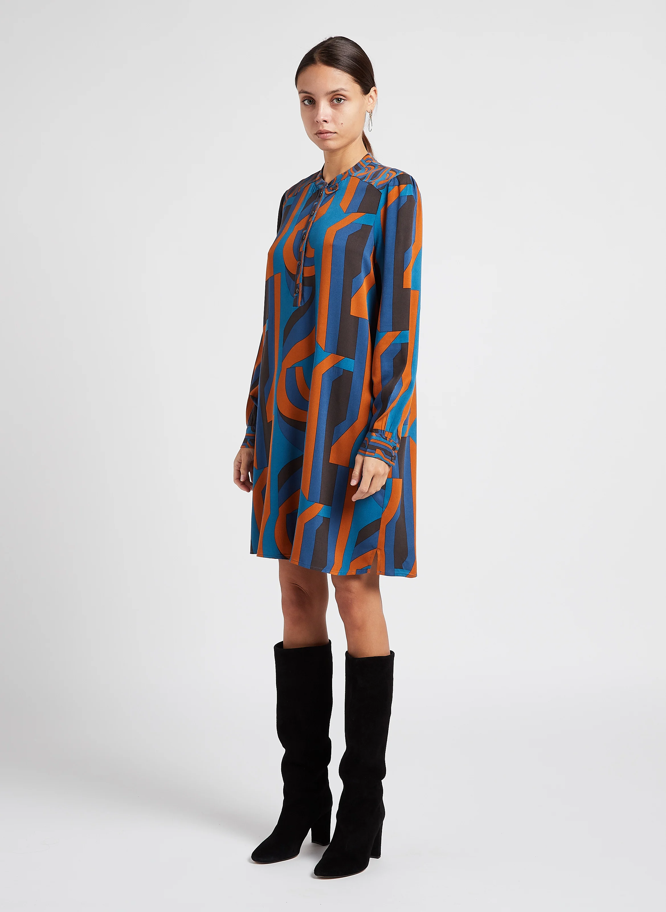 BLAIR RINA - Robe courte droite col rond imprimé | Bleu