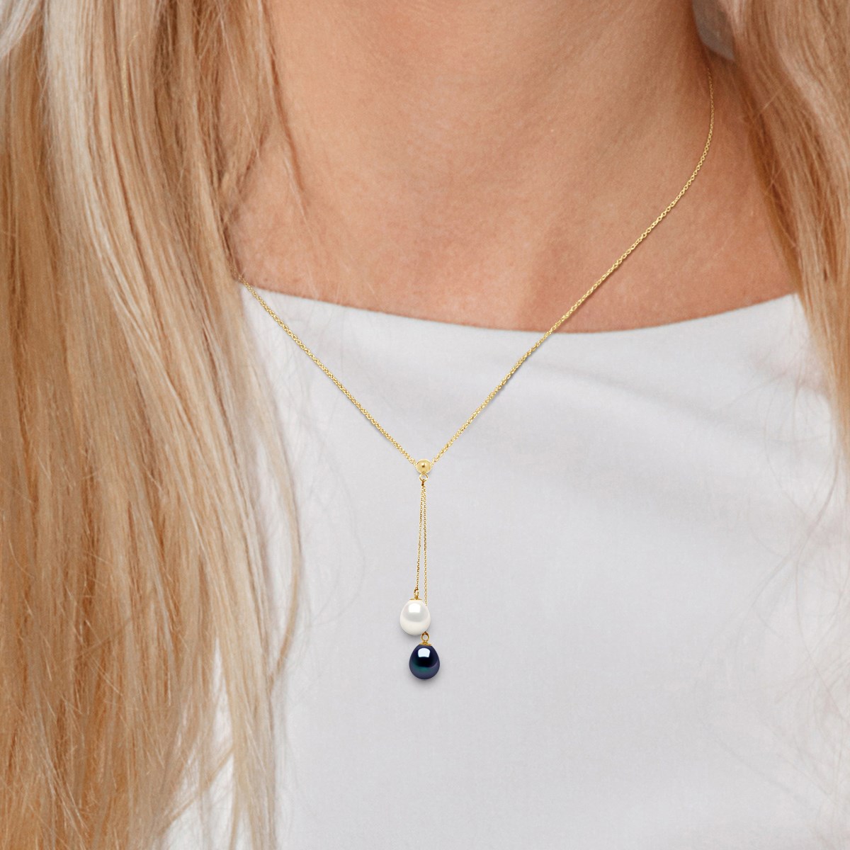 Collier TOI ET MOI Perles d'Eau Douce 8-9 mm Blanches et Noires Or Jaune