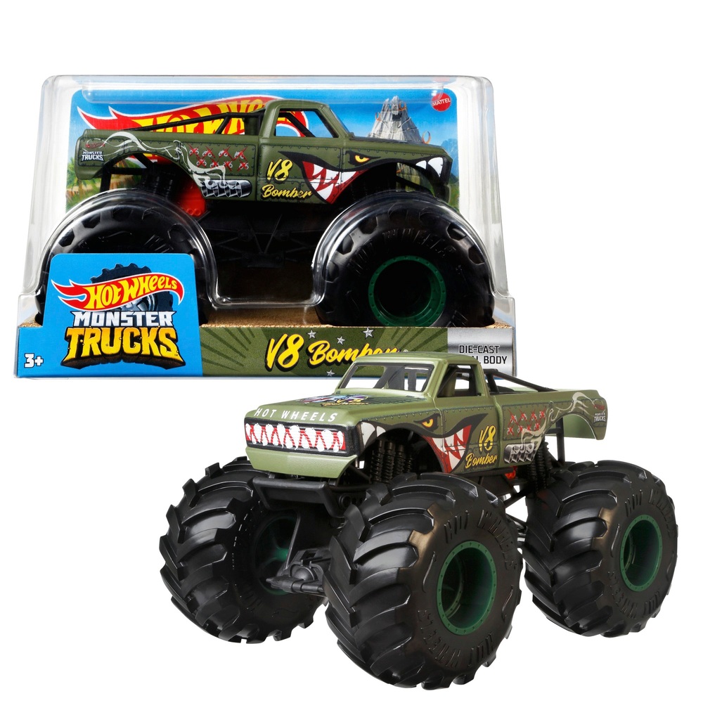 Hot Wheels Monster Trucks im Maßstab 1:24 – V8 Bomber, grünes Die-Cast-Spielzeugfahrzeug