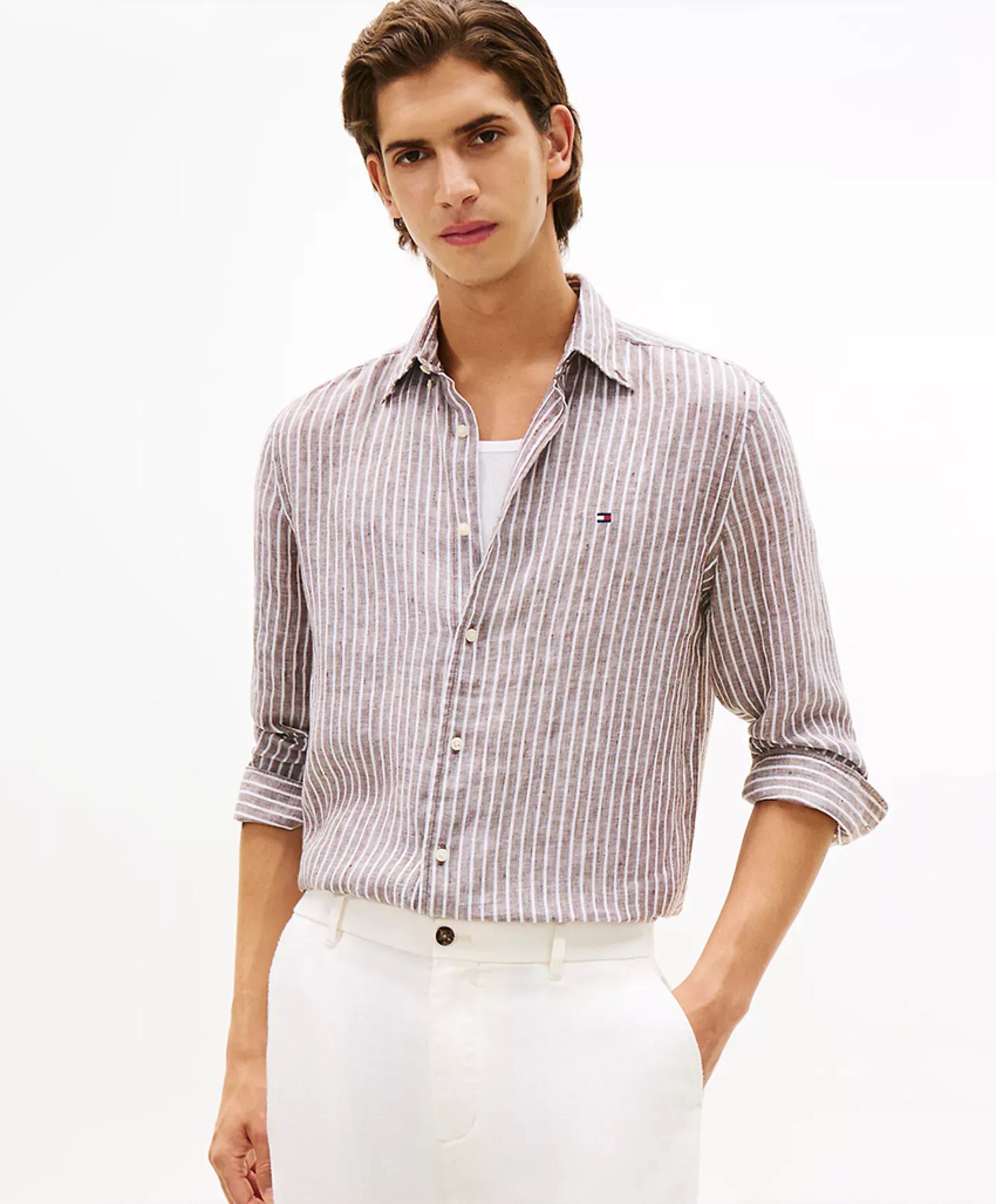 Tommy Hilfiger Heren overhemd lange mouw bruin
